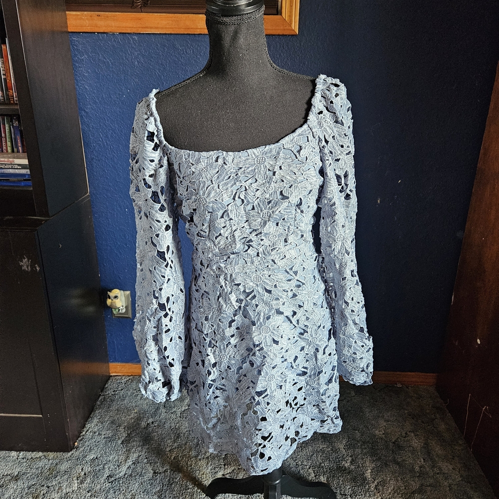 NA-KD Light Blue Lace Long Sleeve Mini Dress womens medium kentucky derby